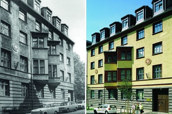 52__Fs 4111_Bundeshaus.jpg Das ASB-Bundeshaus in Karl-Marx-Stadt (Chemnitz) in den 1980er Jahren (li.) und im Jahr 2014. Heute betreibt der ASB Chemnitz dort eine betreute Wohnanlage.